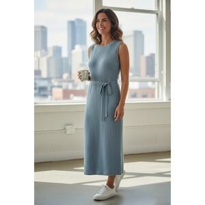 Spinnerin Light Blue Ribbed Knit Sleeveless Midi Dress w/ Belt 1960s Virgin Wool